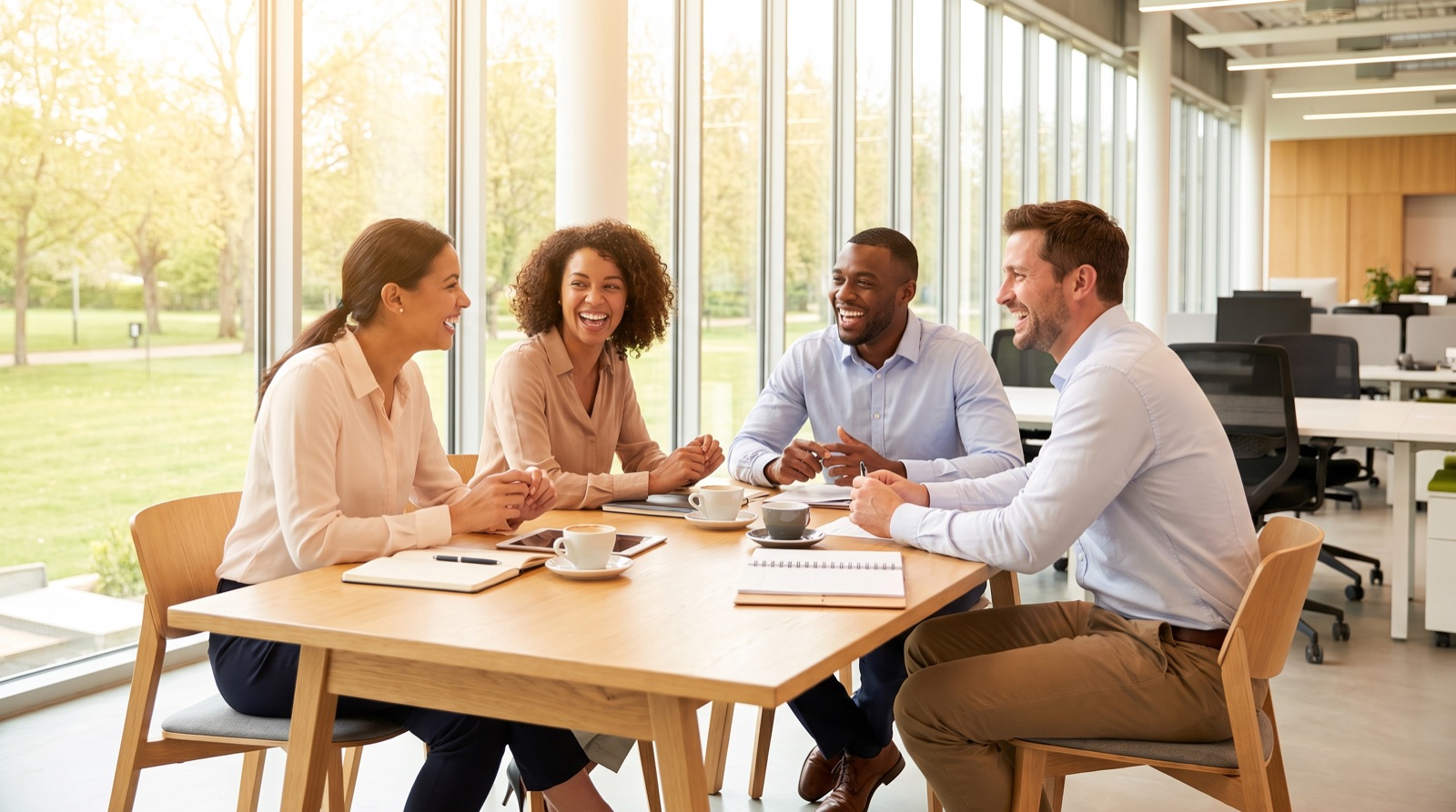 Four colleagues talking around a table in a bright office