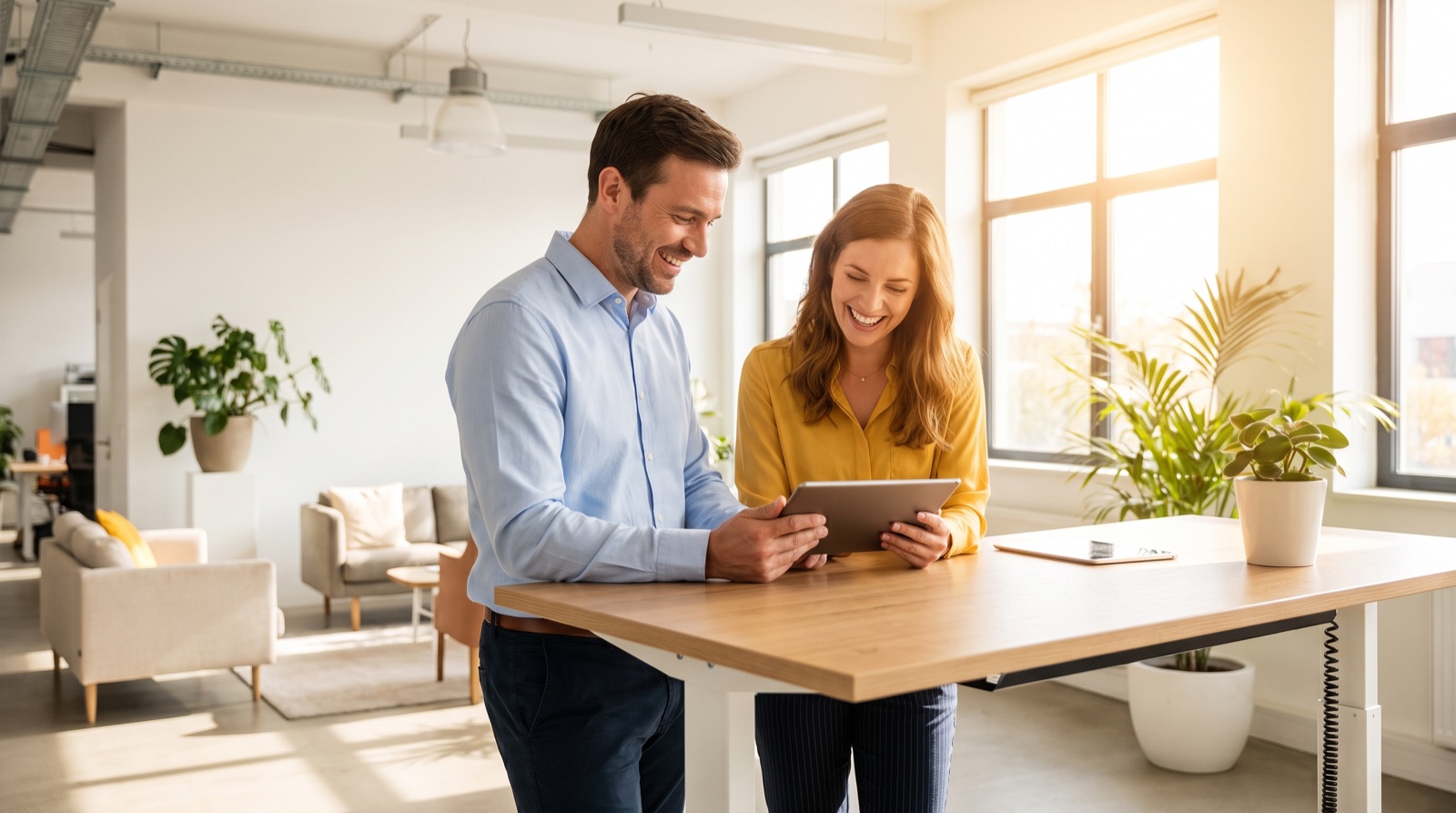 Two people reviewing a tablet together
