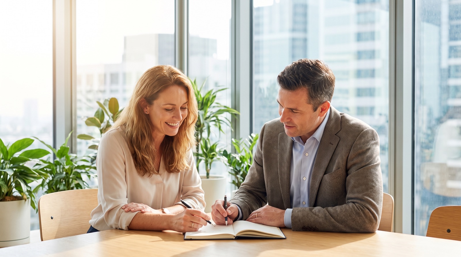 A consultant and a client in conversation across a table
